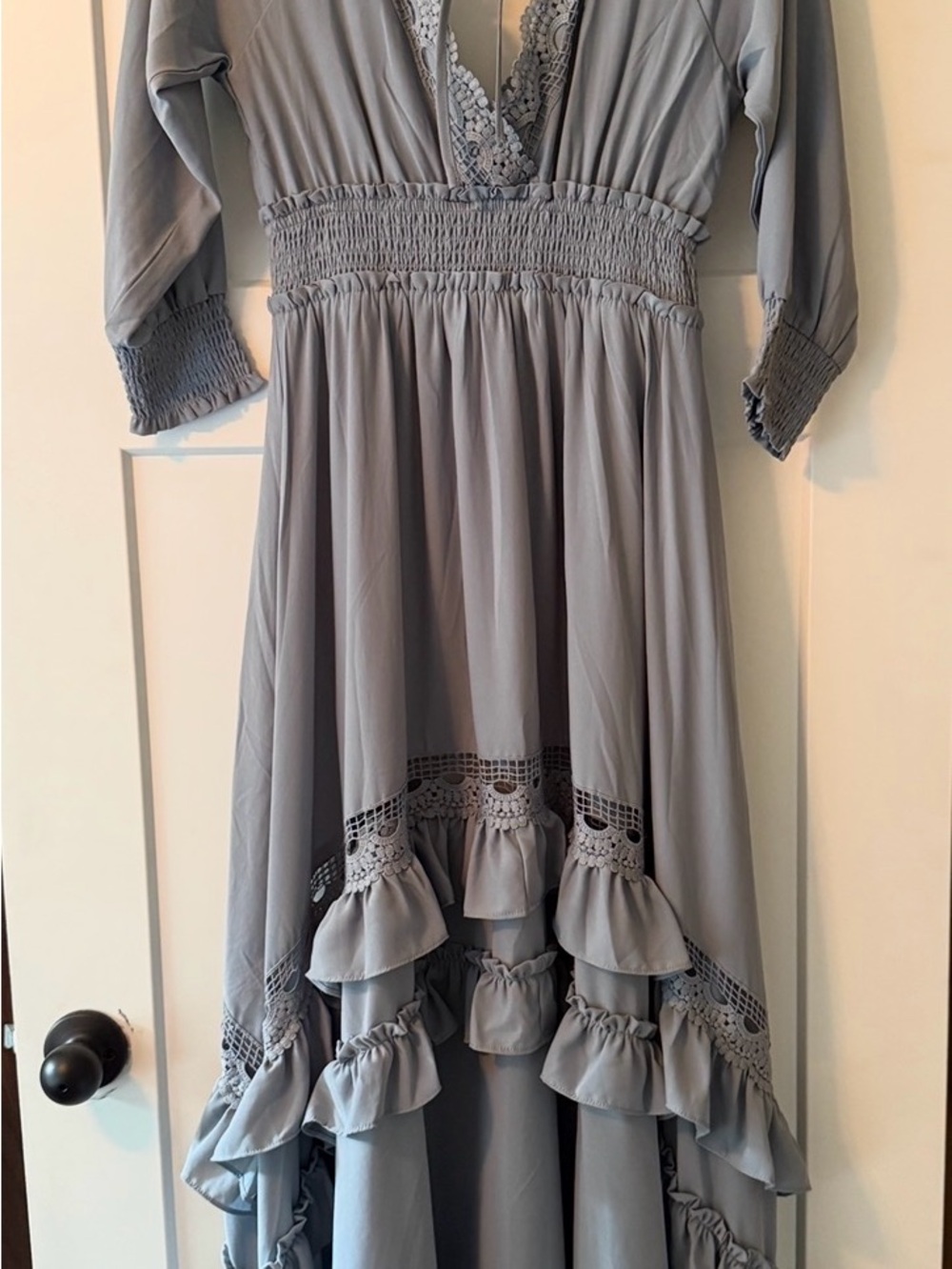Baltic Born Light Blue-Gray Smocked Waist Ruffle Dress- women’s Medium